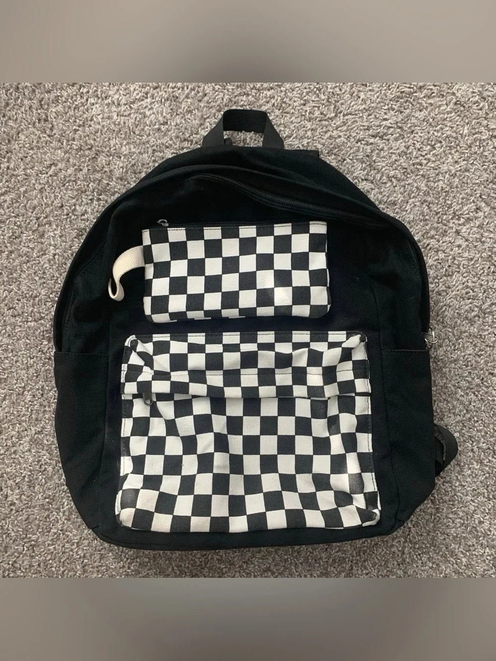 Black Backpack with Checkerboard Front Pocket & Matching Zipper Pouch